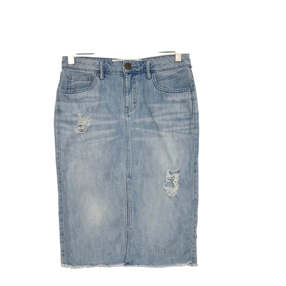 Etienne Marcel Womens Size 25 Distressed Denim Pencil Skirt Blue Split Front